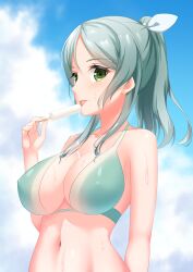 10s absurdres aqua_bikini aqua_hair arm_at_side arm_behind_back bang_dream! bangs bikini blue_sky blush breasts cleavage cloud cloudy_sky collarbone covered_erect_nipples day dripping eating eyebrows_visible_through_hair eyelashes female food green_eyes hair_between_eyes hair_ribbon hand_up high_ponytail highres hikawa_sayo holding holding_food large_breasts licking long_hair melting_popsicle numaccha outdoors parted_bangs popsicle profile ribbon shiny shiny_skin sky solo sweat swimsuit tongue tongue_out upper_body white_ribbon