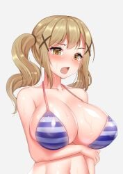 arm_under_breasts bang_dream! bare_shoulders bikini breasts brown_eyes brown_hair cleavage eyebrows_visible_through_hair female grey_background hair_ornament huge_breasts ichigaya_arisa long_hair looking_at_viewer navel numaccha open_mouth simple_background solo standing striped striped_bikini swimsuit tied_hair twintails upper_body wet x_hair_ornament