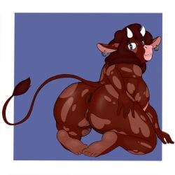 absurd_res anthro anus big_breasts bovid bovine breasts cattle curled_hair feet female genitals hair hi_res horn kneeling looking_back mammal pussy ring_(jewelry) sleepingpowder solo tail