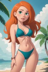 1girls acl_noraai ai_generated artist_name beach bikini covered_nipples disney disney_channel facing_viewer green_eyes kim_possible kimberly_ann_possible lips medium_breasts open_mouth orange_hair outdoors palm_tree parted_lips petite solo watermark