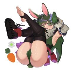 1boy ass barefoot bunny_boy bunny_ears bunny_tail femboy goodbye_glory green_eyes green_hair izuku_midoriya male male_focus male_only midoriya_izuku my_hero_academia rabbit_ears solo_male thick_thighs thighhighs twink yaoi