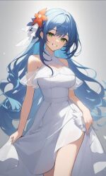 ai_generated amber_lightvale blue_hair breasts breasts bright flower_in_hair glitchtale green_eyes large_boobs large_breasts long_hair smiling thighs wedding_dress white_background white_wedding_dress