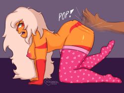 all_fours angry avianaress bent_knees blonde_hair buff female gem_(species) heart_symbol jasper_(steven_universe) long_hair muscular muscular_female pink_stockings platinum_blonde_hair spanked spanking steven_universe stockings surprised thick thick_ass thick_thighs unseen_male_face white_hair yelling