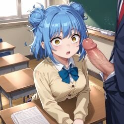 ai_generated big_penis blackmail blue_frog blue_hair classroom desk hair_buns penis penis_out school_uniform shocked sitting_on_chair student surprised_expression teacher_and_student yellow_eyes