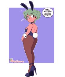 ass_focus boobs bunny_ears bunny_tail bunnysuit cherry_(cherrypix) cherrypix freckles green_hair hair_bun heels original original_character speech_bubble surprised tagme