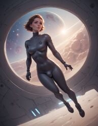 ai_generated black_suit bodysuit breasts brown_hair bulge clothed cloud flaccid flying futa_only futanari gloves lips looking_away medium_breasts navel navel_visible_through_clothes oc original_character planet self_upload shoes short_hair skin_tight solo solo_futa space spacecraft spacesuit stars varklap zero_gravity