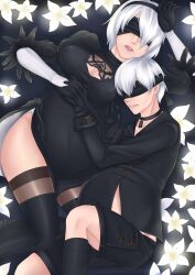 1boy 1girls belly big_belly blindfold breasts clothing female hairband huge_belly light-skinned_female light-skinned_male light_skin male male_pregnancy nier nier:_automata pregnant pregnant_belly pregnant_female pregnant_male silkyomega thighhighs white_hair yorha_2b yorha_9s