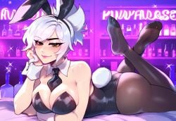 1girl 1girls ai_generated ass battle_bunny_riven breasts bunny_ears bunny_girl bunny_tail commission feet laying_down league_of_legends looking_at_viewer nightclub on_stomach pantyhose riot_games riven soles solo solo_female white_hair