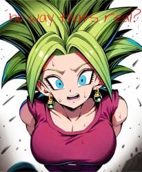 ai_generated blue_eyes caption cuckold cuckold_pov denial dragon_ball dragon_ball_super earrings gorilla4sale_artist) green_hair in_awe kefla nervous netorare ntr penis_awe pov shocked shocked_expression small_penis_humiliation sweatdrop