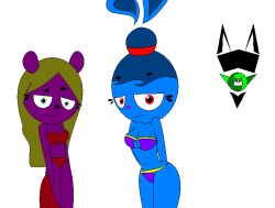 amlly_(masterpinpey) anthro blue_fur blue_hair breasts hips long_hair looking_at_viewer luiggikart mary_otter_(luiggikart) mary_otter_(superyinyangyogalaxy) mary_otter_(woo_foo_battlefield) masterpinpey otter_girl otter_humanoid purple_fur purple_swimsuit rabbit_girl red_swimsuit superyinyangyogalaxy tied_hair woo_foo_battlefield yin_yang_yo!_oc