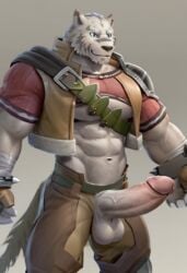 abs ai_generated animal_ear_fluff animal_ears animal_genitalia animal_humanoid animal_penis big_balls big_muscles big_penis blue_eyes brown_pants fluffy_ears huge_balls huge_cock mercenary_(character) mercenary_(zero_kara_hajimeru_mahou_no_sho) muscle muscles muscular muscular_male no_humans no_underwear pants penis solo solo_male tiger tiger_ears tiger_tail white_body white_tiger