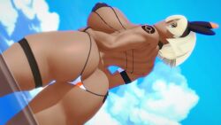 1girls 3d bea_(pokemon) bikini dark_skin diagonal_angle huge_ass huge_breasts human large_breasts looking_at_viewer pokemon silver_eyes silver_hair skimpy_bikini sweat thick_thighs thigh_strap valiance