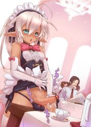 1boy 1futa ahoge anime_nose aqua_eyes balls_outline bar_censor black_panties blue_eyes blush bow bow_panties bowtie breasts censored chestnut_mouth clothed clothing corset covered_testicles cowboy_shot cum cum_in_container cum_in_cup cup dark-skinned_futanari dark_skin elbow_gloves erection exc_heaven eyeless_male facial_hair foreskin futa_focus futanari futanari_masturbation futasub gloves highres holding holding_newspaper human humanoid humanoid_penis indoors intact lifting_own_clothes light_skin long_hair maid maid_headdress male masturbation medium_breasts mostly_clothed mustache necktie newspaper nose_blush original panties partially_retracted_foreskin penis pink_bow pink_bowtie pointy_ears saucer shaved_crotch sleeveless smooth_penis solo_focus standing teacup thighhighs uncut underwear white_gloves white_hair white_thighhighs