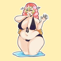 1girls alternate_costume arm_behind_head bare_midriff bare_thighs beauty_mark bikini black_bikini black_swimsuit bluueygooey breasts chubby cleavage closed_eyes curvy fat female female_only kanroji_mitsuri kimetsu_no_yaiba large_breasts midriff mole mole_on_breast navel open_mouth partially_submerged pink_hair smile solo swimsuit thick_thighs thighs voluptuous waving