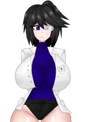 angry_face big_breasts black_hair female girly glasses miss_moji purple_eyes purple_sweater scientist_tv_woman_(skibidi_toilet) short_hair short_pants skibidi_toilet thicc thick thick_ass thick_thigh white_background white_lab_coat white_skin