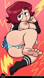 1girls black_eyes breasts female freckles freckles_on_ass freckles_on_breasts freckles_on_face jacket kim_pine open_clothes open_jacket panties partially_clothed red_hair scott_pilgrim short_hair skirt socks solo solo_female striped_panties zaribot