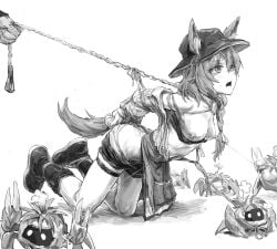 1girls a_tea animal_ears arknights beanstalk_(arknights) bitch_taken_for_walk bound female female_only leash_and_collar monochrome nipple_piercing restrained tail