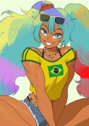 bare_midriff biceps blue_hair brazil brazilian brazilian_female brazilian_miku busty crop_top crossed_legs daisy_dukes earrings female female_focus female_only fit fit_female hatsune_miku hourglass_figure long_hair looking_at_viewer minishorts multicolored_hair necklace pokkuti simple_background sitting smiling strong_woman sunglasses_on_head t-shirt tan tan_body tan_skin tanline tanlines toned toned_female twintails vocaloid waist_chain white_background wide_hips