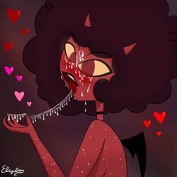 1girls afro bust_portrait choker coco_(helluva_boss) cum_in_mouth cum_on_face cum_trail demon demon_girl digital_art digital_media_(artwork) ebiyuben facial female female_focus heart helluva_boss looking_at_viewer succubus sweat vivienne_medrano