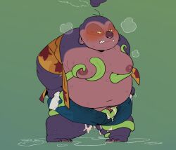 2024 alien belly big_belly blush bodily_fluids clothed clothing cum disney genital_fluids hi_res jumba_jookiba kemono kweltikwan lilo_and_stitch male moob_grab moobs nipples obese obese_male open_clothing open_shirt open_topwear overweight overweight_male quanjiang shirt simple_background solo tentacle topwear