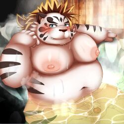 2022 anthro bathing belly blush felid genitals humanoid_genitalia humanoid_hands humanoid_penis kemono licho_(tokyo_afterschool_summoners) lifewonders male male_only mammal marumori0619 moobs navel nipples overweight overweight_male pantherine penis sitting solo tiger tokyo_afterschool_summoners video_games water white_body