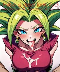 ai_generated big_penis blowjob blue_eyes caption cuckold cuckold_pov cum cum_in_mouth cum_on_breasts dark-skinned_male dragon_ball dragon_ball_super earrings fellatio gorilla4sale_artist) green_hair humiliation kefla netorare ntr oral pov small_penis_humiliation smile teasing tongue_out