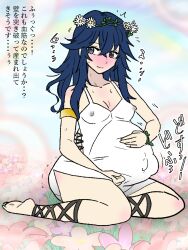 1girls alternate_costume bare_legs barefoot blue_eyes blue_hair breasts covered_nipples dress female female_only fire_emblem fire_emblem_awakening fire_emblem_heroes kneeling kuroihi_(kuroihitsuji) long_hair lucina_(fire_emblem) lucina_(valentine)_(fire_emblem) nintendo official_alternate_costume pregnant small_breasts smile solo thick_thighs