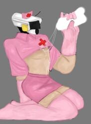 cum_on_body non-human nurse_clothing object_head pink_clothing simp_cameraman_(skibidi_toilet) simple_background skibidi_toilet white_penis