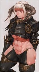 1girls 2020 abs armor big_breasts breasts female female_focus horns ibuo looking_at_viewer muscular muscular_female simple_background solo solo_female solo_focus thick_thighs thighhighs thighs underboob white_background white_hair