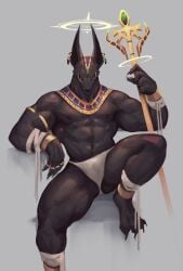 ancient_egypt anubis black_body bulge canid canine canis claws ear ears_up feet holding_object muscles muscular muscular_male mythological_creature mythology panties paws wolfanine