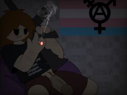 1boy anarchy_symbol beanbag brown_hair casual_nudity dark_lighting demonicseraphim holding_gun large_penis male scars shadow_(demonicseraphim) short_hair smoking solo transgender_pride_colors transgender_symbol unzipped_shorts