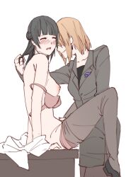 2girls black_hair blonde_hair blush closed_eyes clothed clothed_female_nude_female dark_hair earrings female female_only icek light_hair light_hair_on_dark_hair mostly_nude multiple_girls naked nude nude_female_clothed_female office_lady partially_clothed undressing white_background yuri