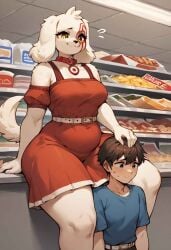 ai_generated canine civitai dominant_female femdom furry hmofa human_on_anthro nervous nervous_expression spot_(jayrnski) taller_female target target_corporation thick_thighs thick_thighs_save_lives wide_hips younger_male