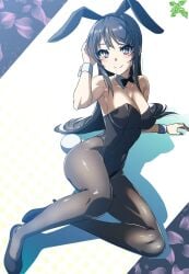 armpits ass_visible_through_thighs bare_arms bare_shoulders belly_button_visible_through_clothing big_breasts black_bunnysuit black_hair blush bowtie breasts brown_pantyhose bunny_ears bunny_tail bunnysuit cleavage closed_mouth collarbone hair_ornament high_heels long_hair makicha_(sasurainopink) neck_ribbon pantyhose purple_eyes sakurajima_mai seishun_buta_yarou_wa_bunny_girl_senpai_no_yume_wo_minai shiny_clothes smile thighs