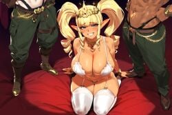 1girls 2boys ai_generated bed blonde_hair chains collar elf elf_ears green_eyes lingerie navel_piercing noirprincess original princess_anastasia smile stockings tanned_skin tiara twintails white_bra white_stockings