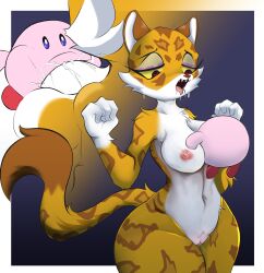 absurd_res bodily_fluids breast_in_mouth breast_sucking clawroline cum cum_in_nipples cum_inside duo ejaculation felid female genital_fluids hi_res huge_thighs kirby kirby_(series) leopard mammal nintendo nipple_fetish nipple_play oumseven pantherine pussy_ejaculation pussy_juice thick_thighs video_games waddling_head wide_hips