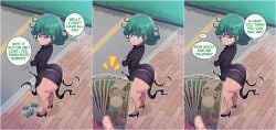 angry angry_face arms_crossed big_ass big_butt blue_eyes bottom_heavy bribe bribery freshnsfw fully_clothed green_hair huge_ass light-skinned_female light_skin money one-punch_man prostitution roadside small_breasts tatsumaki text text_bubble tight_clothing