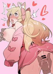 ahegao ahoge ashwing_makuro big_breasts blonde_hair blue_eyes bow cat_ears chibiyuna_himelu choker collar cum dark_skin embarrassed exposed_breasts fingering heart_eyes horn horns indie_virtual_youtuber jacket nipple_pinch nipples panties skirt stockings striped_stockings tummy virtual_youtuber white_panties