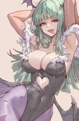 1girls armpits arms_behind_head bare_shoulders black_leotard breasts brown_background cleavage clothing_cutout cowboy_shot cutout_above_navel darkstalkers demon demon_girl demon_wings green_eyes green_hair head_wings heart_cutout highleg highleg_leotard highres large_breasts leotard long_hair low_wings morrigan_aensland pantyhose simple_background solo succubus suujiniku tongue tongue_out wings