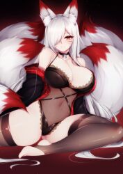 fox_girl foxykuro huge_breasts kitsune kuro_(foxykuro) lingerie see-through_clothing stirrup_legwear tagme tits white_hair