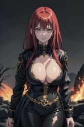 1girls ai_generated black_leather busty cleavage desert female fire gold hi_res highres long_hair nighttime original_character pixai red_hair solo standing yellow_eyes