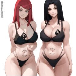 2girls ai_generated big_breasts black_eyes black_hair breasts cleavage curvy curvy_figure female female_only grey_eyes huge_breasts kushina_uzumaki large_ass large_breasts looking_at_viewer milf multiple_girls naruto naruto_shippuden queen_of_spades red_hair smile smirk stigmataraze uchiha_mikoto uzumaki_kushina