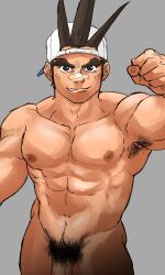 1boy abs antenna_hair armpit_hair armpits bandaid bara capcom clenched_hand completely_nude cowboy_shot fugur6_fugur9 highres huge_eyebrows looking_at_viewer male male_focus male_only male_pubic_hair muscular muscular_male navel navel_hair nipples nude out-of-frame_censoring pubic_hair rival_schools sanpaku shoma_sawamura short_hair smirk solo standing stomach video_games