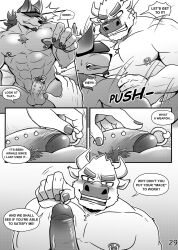 anthro balls boss_(gym_pals) bovid bovine canid canine canis cattle comic duo frenum_ladder frenum_piercing genital_piercing genitals gym_pals h155296 hi_res humanoid_genitalia humanoid_penis male male/male mammal manager_(gym_pals) monochrome nipple_piercing nipples penis penis_piercing piercing prince_albert_piercing wolf