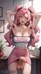 1futa 1futanari 3d ai_generated futanari green_eyes hair_ornament hairy_armpits large_breasts nicole_demara pencil_skirt penis solo testicles tube_top tubetop twintails uncircumcised uncircumcised_penis zenless_zone_zero