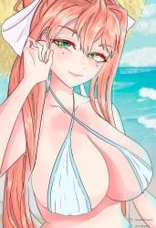 bikini bikini_top bra breasts breasts_focus doki_doki_literature_club female female_focus female_only green_eyes green_eyes_female huge_breasts light-skinned_female light_skin monika_(doki_doki_literature_club) ocean_background solo solo_female wirichiroga wiricmisaki