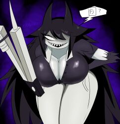 1girls arm_behind_back big_breasts boob_window breasts dialogue fundamental_paper_education long_hair menacing miss_circle_(fundamental_paper_education) purple_background sharp_teeth shiny_breasts teacher text thick_thighs weapon