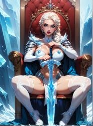 1girls ai_generated bikini_armor boob_window breasts cleavage disney elsa_(frozen) frozen_(film) frozen_2 garter_straps league69 long_hair looking_at_viewer sitting solo sword thighhighs thighs throne