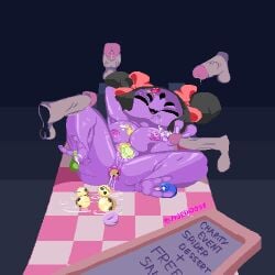 1girls after_sex anal anal_beads big_ass big_breasts big_penis cum cum_on_breasts double_penetration laying_down morihoose muffet penis pixel_art purple_body ribbon sex_toy simple_background spider_girl twintails undertale