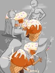 anonymous_character big_butt blushing brown_skin bubbles cumming_from_anal_sex cumming_in_ass cumming_in_mouth cumming_together eyes_open fanart fat_ass femboy gay gay_sex grabbing_ass grey_skin ice_cream japansadface leggings_down long_hair mouth_full_of_cum not_my_oc one_color_background penis_in_ass penis_in_mouth salaiva sprinkles stroking_penis sucking_penis thick_thighs threesome